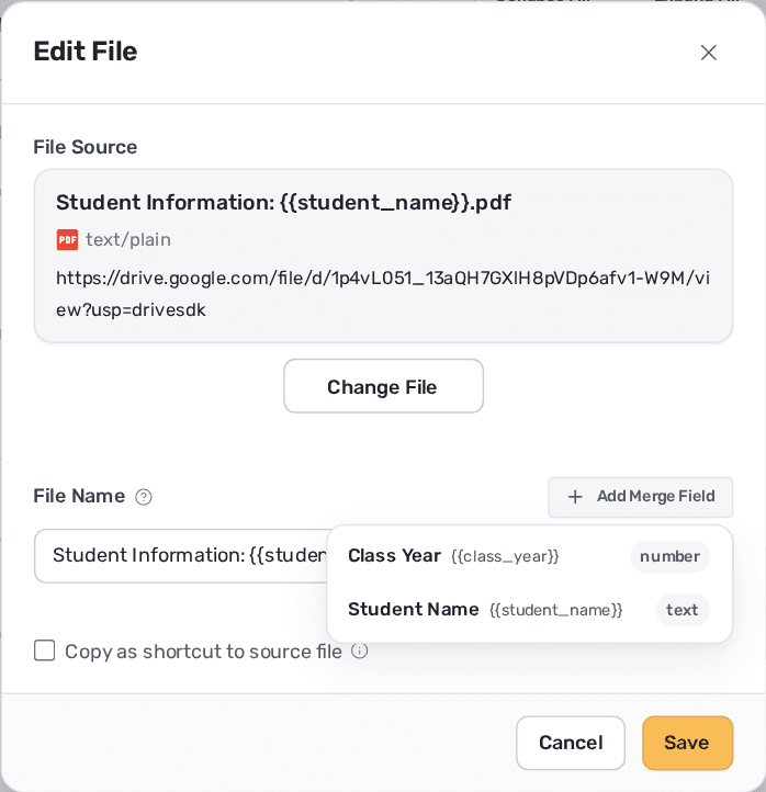 The Edit File dialog with the Add Merge Field dropdown open, listing the merge fields available to insert into the file name.