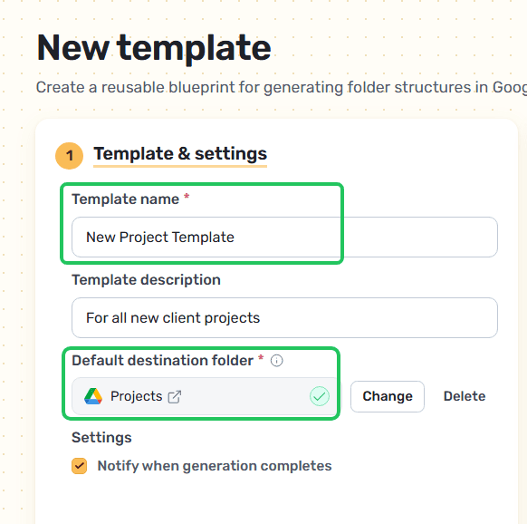 The Template & settings form with the template name and destination folder fields highlighted.