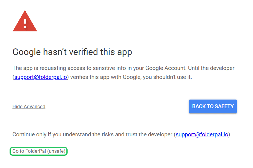 Google unverified-app warning shown while FolderPal completes verification.