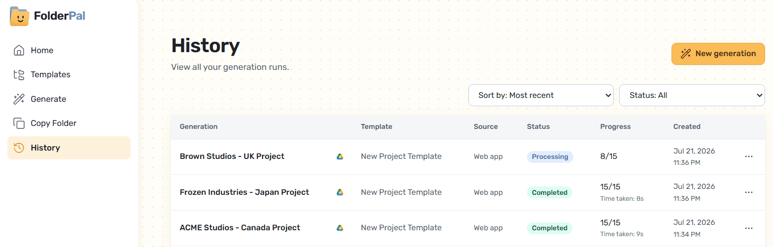 The History page listing past generations, ready to run the same template again.