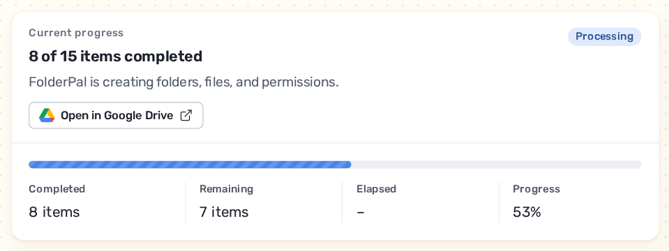 The copy in progress, showing 8 of 15 items completed with a Processing status.