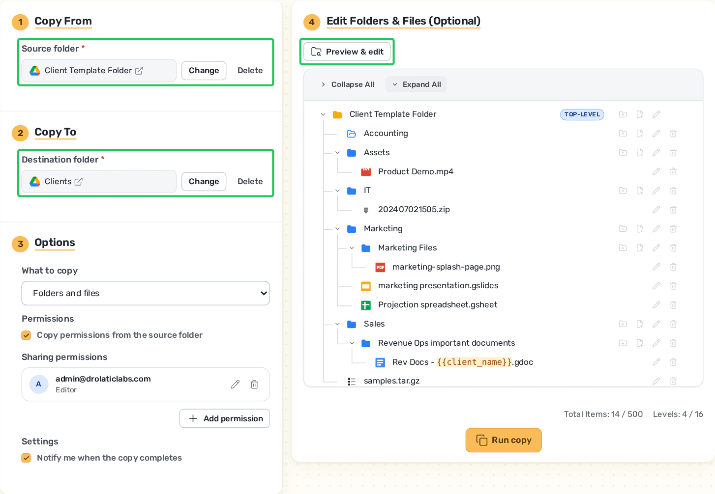 The Copy Folder page with a source folder and destination folder chosen, copy options set, and a preview of the folder structure that will be copied.
