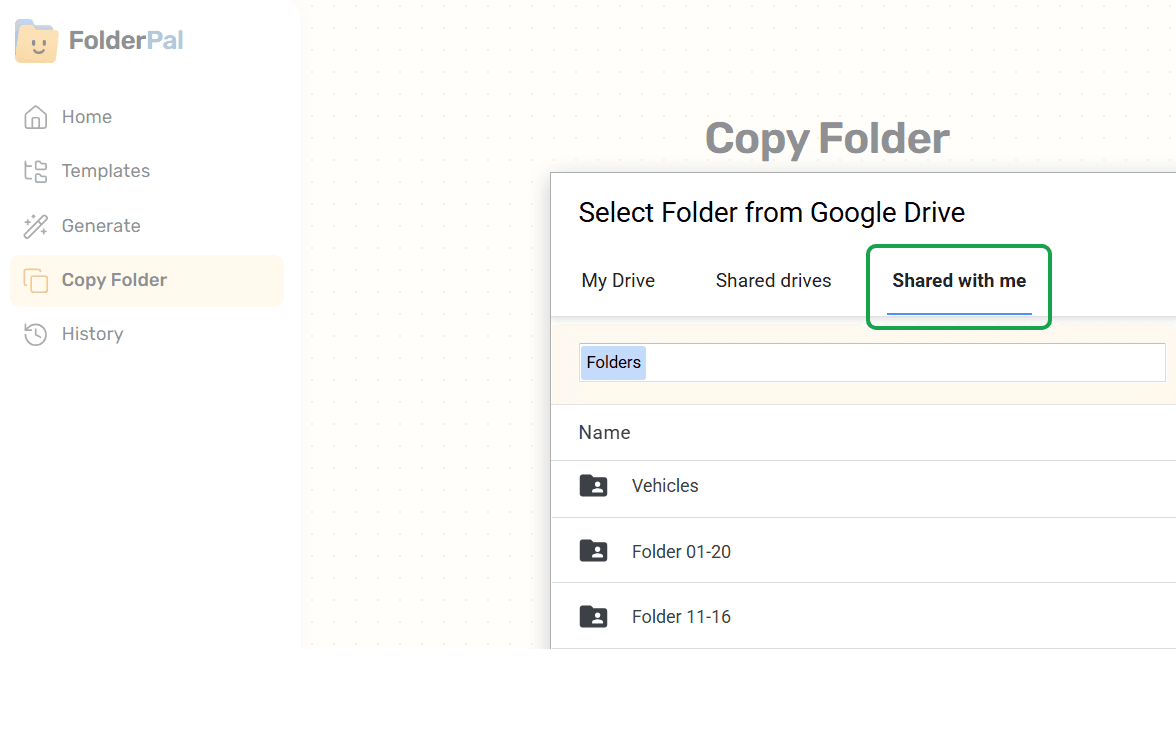 The Select Folder from Google Drive picker with My Drive, Shared drives, and Shared with me tabs, and Shared with me highlighted.