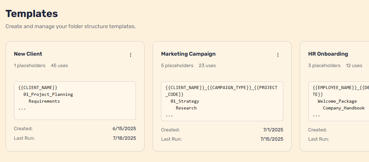 FolderPal app showing the Template page for managing and editing folder structure templates